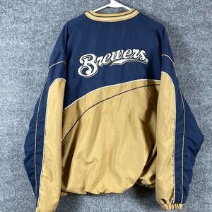 Milwaukee Brewers Jacket Mens 2XL Beige Blue Windbreaker MLB Baseball Pullover